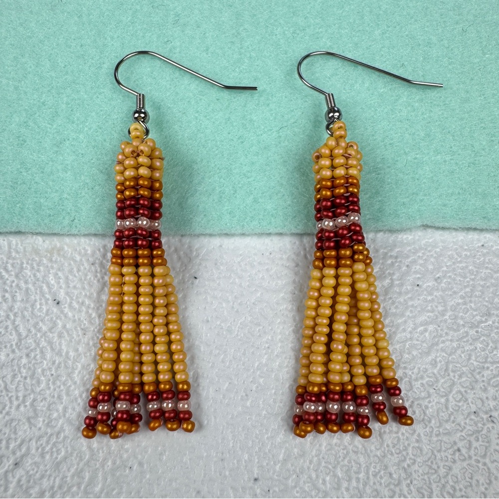 Beige Pumpkin Light Pink Beaded Tassel Earrings Handmade Artisan Jewelry